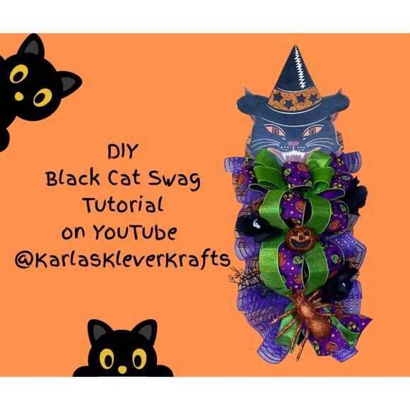 Black Cat Halloween Swag, Spooky Wall Décor Spooky Mesh Bow & Spider Accent - Picture 9 of 11